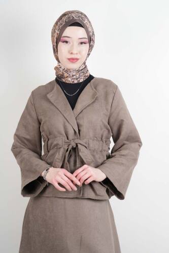 Tesettür Takım Beli Tünelli Ceketli Süet Etekli İkili Takım Vizon - 4