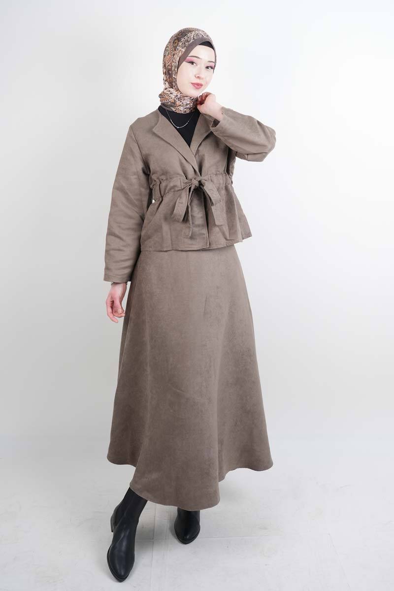 Tesettür Takım Beli Tünelli Ceketli Süet Etekli İkili Takım Vizon - 1