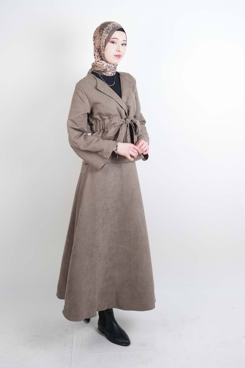 Tesettür Takım Beli Tünelli Ceketli Süet Etekli İkili Takım Vizon - 2