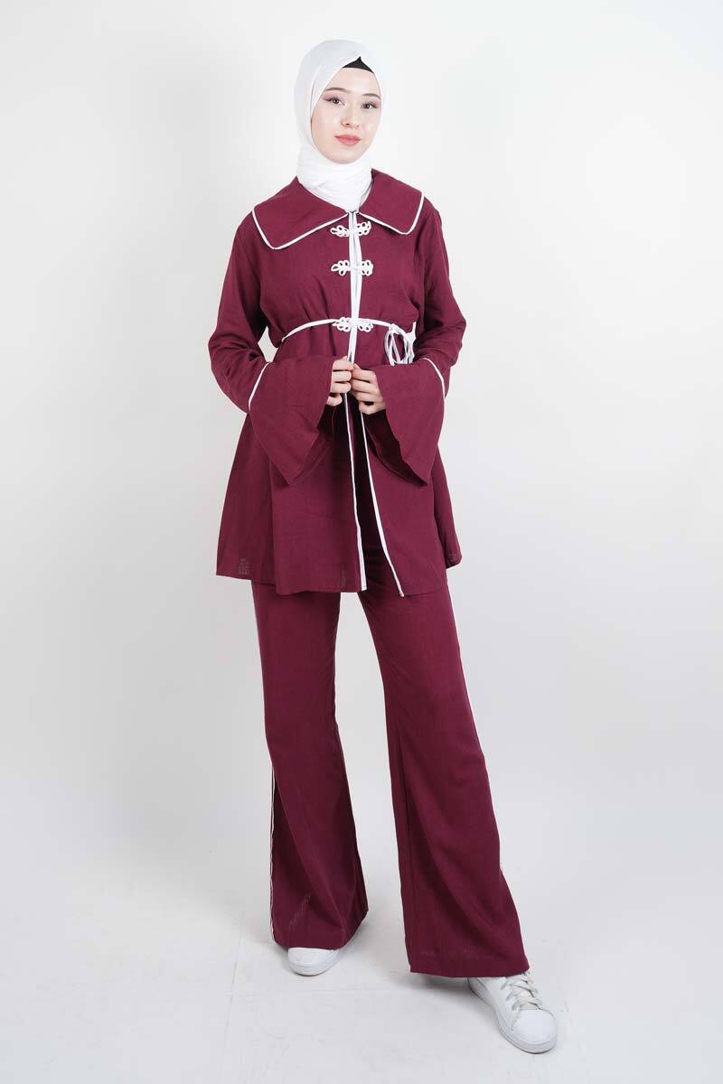 Tesettür Takım Biye Det. Kol Volanlı Keten 2'li takım Bordo - 1
