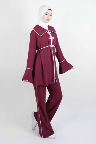 Tesettür Takım Biye Det. Kol Volanlı Keten 2'li takım Bordo - 2