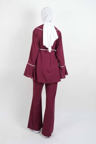 Tesettür Takım Biye Det. Kol Volanlı Keten 2'li takım Bordo - 3