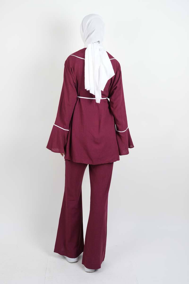 Tesettür Takım Biye Det. Kol Volanlı Keten 2'li takım Bordo - 3