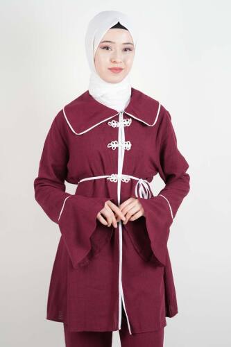 Tesettür Takım Biye Det. Kol Volanlı Keten 2'li takım Bordo - 4