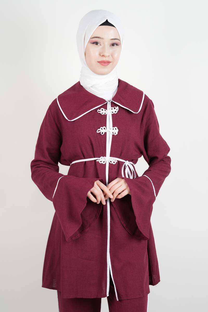 Tesettür Takım Biye Det. Kol Volanlı Keten 2'li takım Bordo - 4