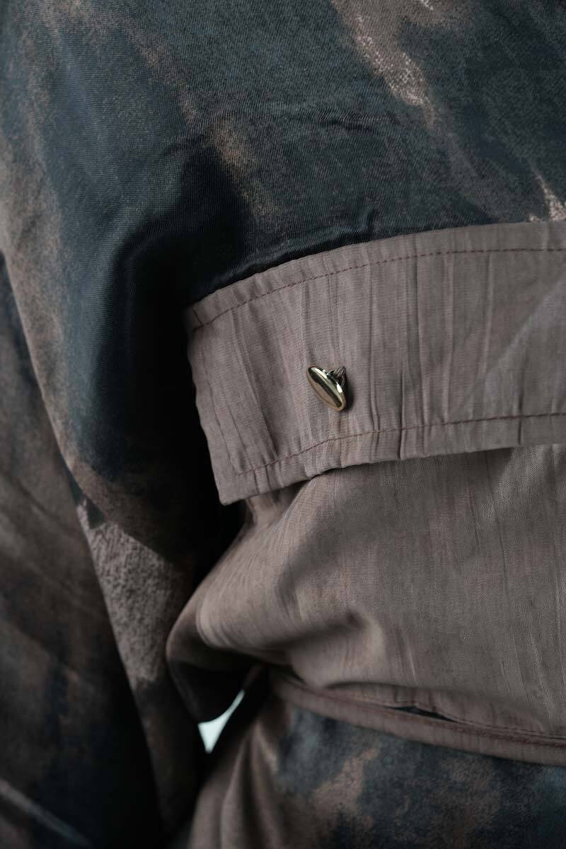 Tesettür Takım Çift Cepli Batik Saten Ceketli Etekli İkili Takım Kahverengi - 5