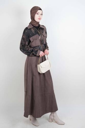 Tesettür Takım Çift Cepli Batik Saten Ceketli Etekli İkili Takım Kahverengi - 03Kız Kulesi Teks (1)