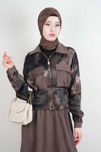 Tesettür Takım Çift Cepli Batik Saten Ceketli Etekli İkili Takım Kahverengi - 4