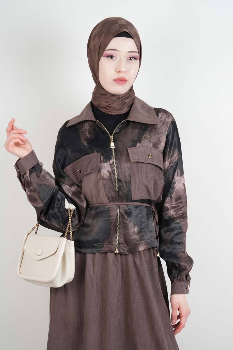 Tesettür Takım Çift Cepli Batik Saten Ceketli Etekli İkili Takım Kahverengi - 4