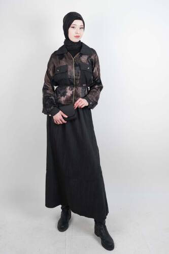 Tesettür Takım Çift Cepli Batik Saten Ceketli Etekli İkili Takım Siyah - 03Kız Kulesi Teks