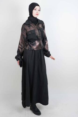 Tesettür Takım Çift Cepli Batik Saten Ceketli Etekli İkili Takım Siyah - 03Kız Kulesi Teks (1)