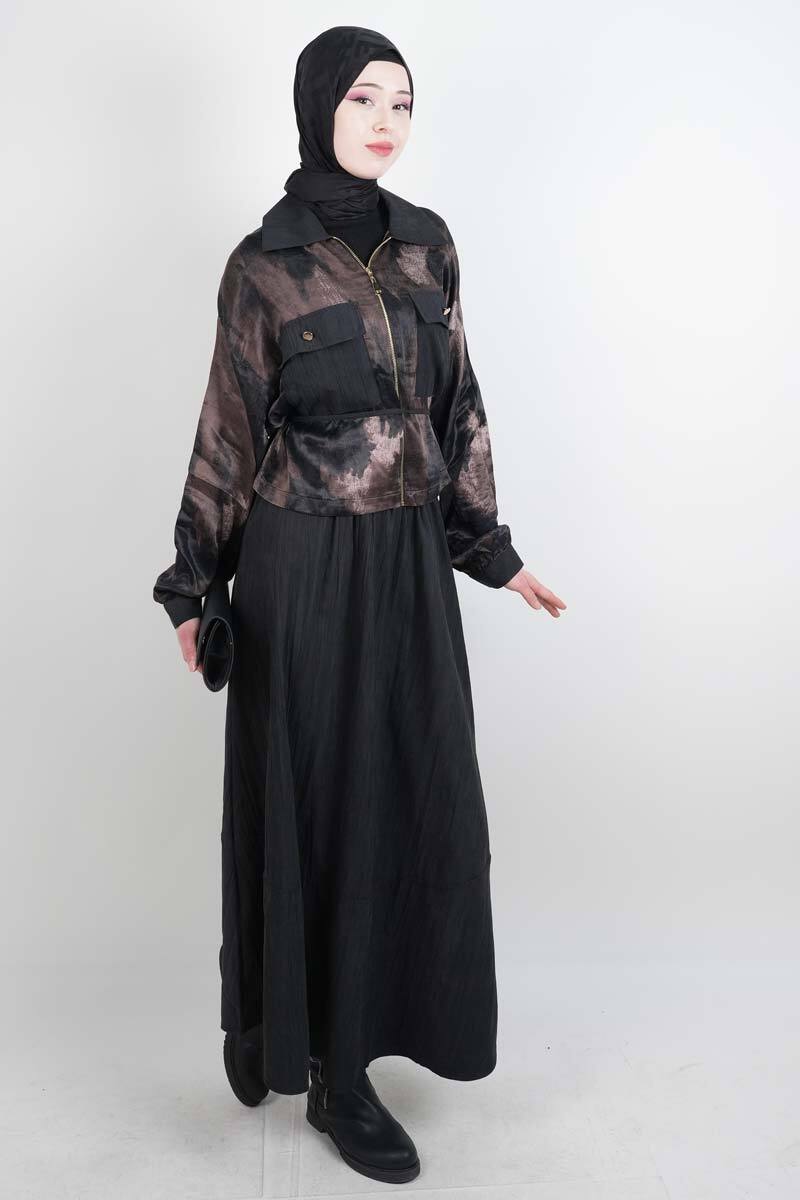 Tesettür Takım Çift Cepli Batik Saten Ceketli Etekli İkili Takım Siyah - 2