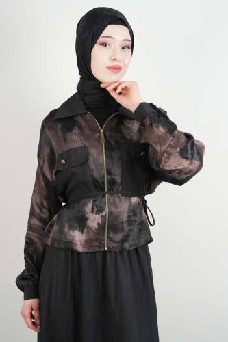 Tesettür Takım Çift Cepli Batik Saten Ceketli Etekli İkili Takım Siyah - 4