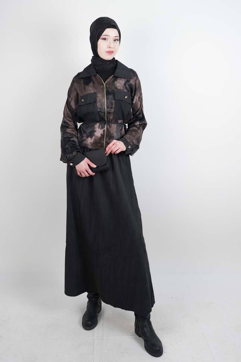 Tesettür Takım Çift Cepli Batik Saten Ceketli Etekli İkili Takım Siyah - 1