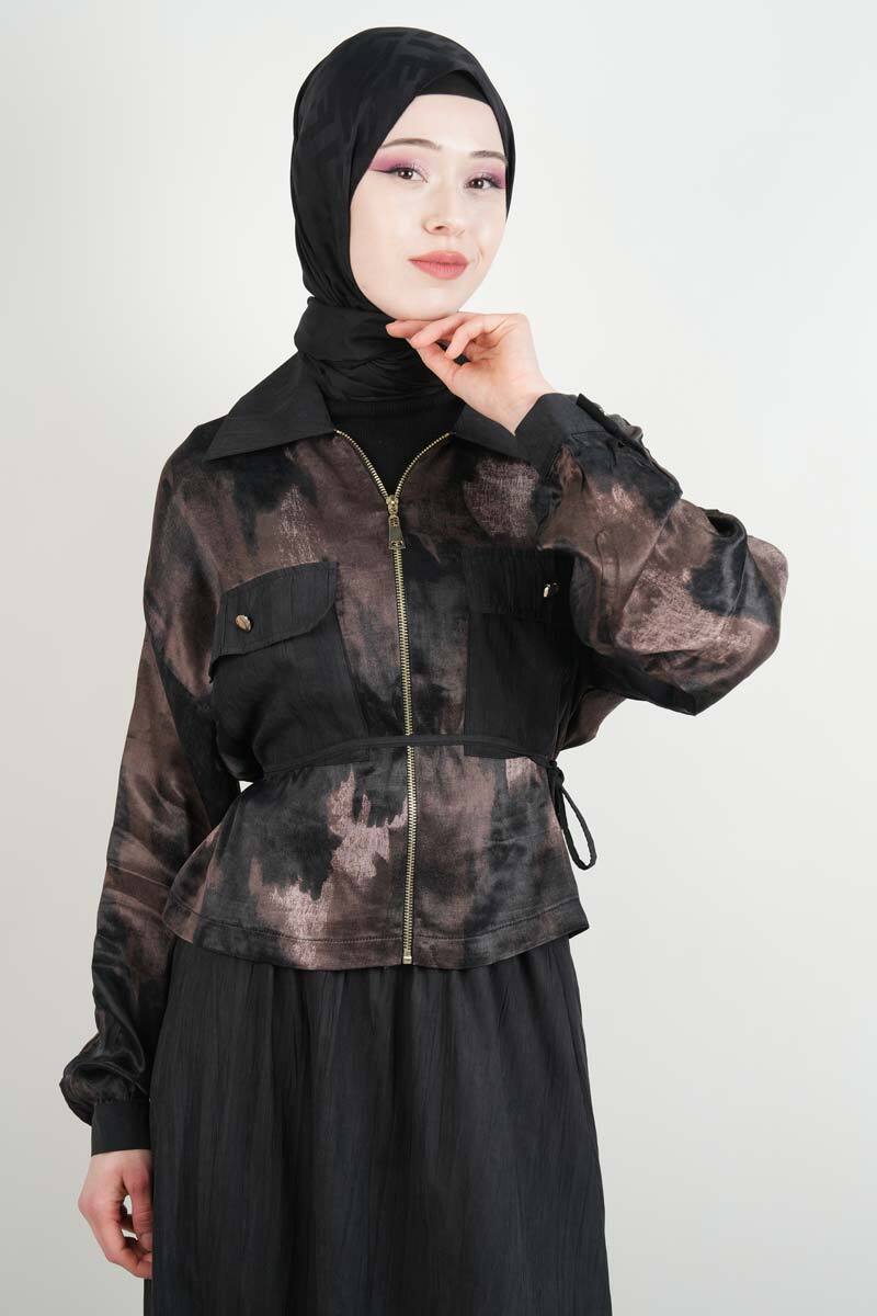 Tesettür Takım Çift Cepli Batik Saten Ceketli Etekli İkili Takım Siyah - 4