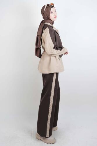 Tesettür Takım Çift Kapak Kapüşonlu Trenç İkili Takım Kahverengi - 5