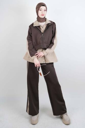 Tesettür Takım Çift Kapak Kapüşonlu Trenç İkili Takım Kahverengi - 03Kız Kulesi Teks