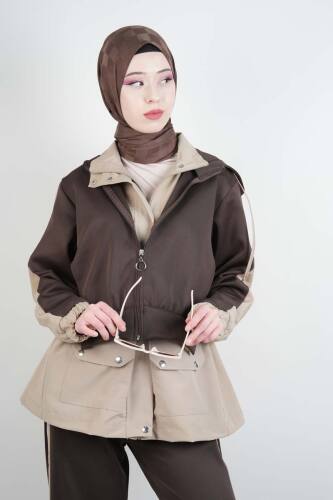 Tesettür Takım Çift Kapak Kapüşonlu Trenç İkili Takım Kahverengi - 03Kız Kulesi Teks (1)