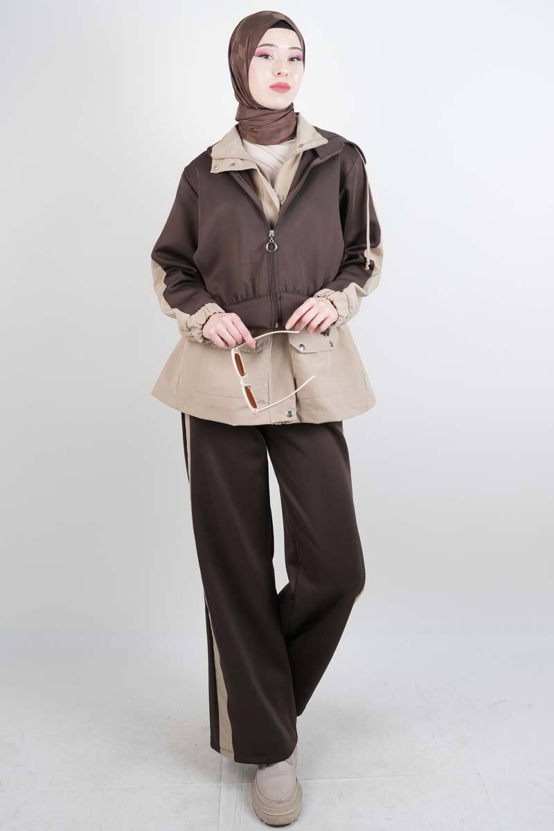 Tesettür Takım Çift Kapak Kapüşonlu Trenç İkili Takım Kahverengi - 4