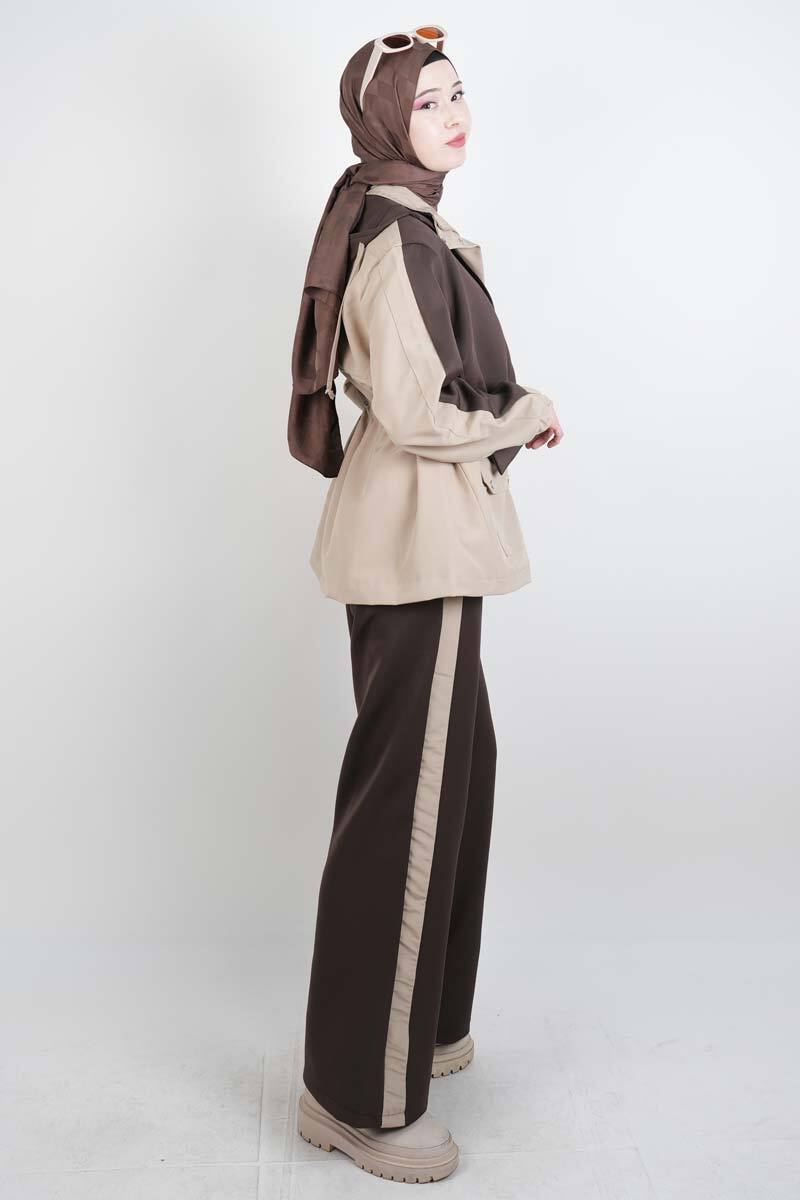 Tesettür Takım Çift Kapak Kapüşonlu Trenç İkili Takım Kahverengi - 5