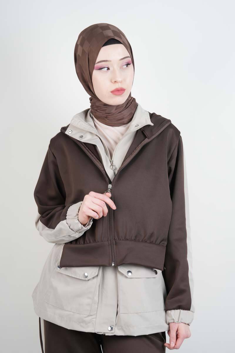 Tesettür Takım Çift Kapak Kapüşonlu Trenç İkili Takım Krem - 4