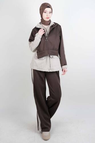 Tesettür Takım Çift Kapak Kapüşonlu Trenç İkili Takım Krem - 03Kız Kulesi Teks