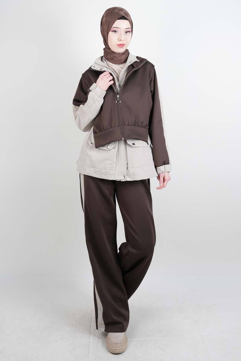 Tesettür Takım Çift Kapak Kapüşonlu Trenç İkili Takım Krem - 1