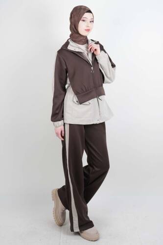 Tesettür Takım Çift Kapak Kapüşonlu Trenç İkili Takım Krem - 03Kız Kulesi Teks (1)