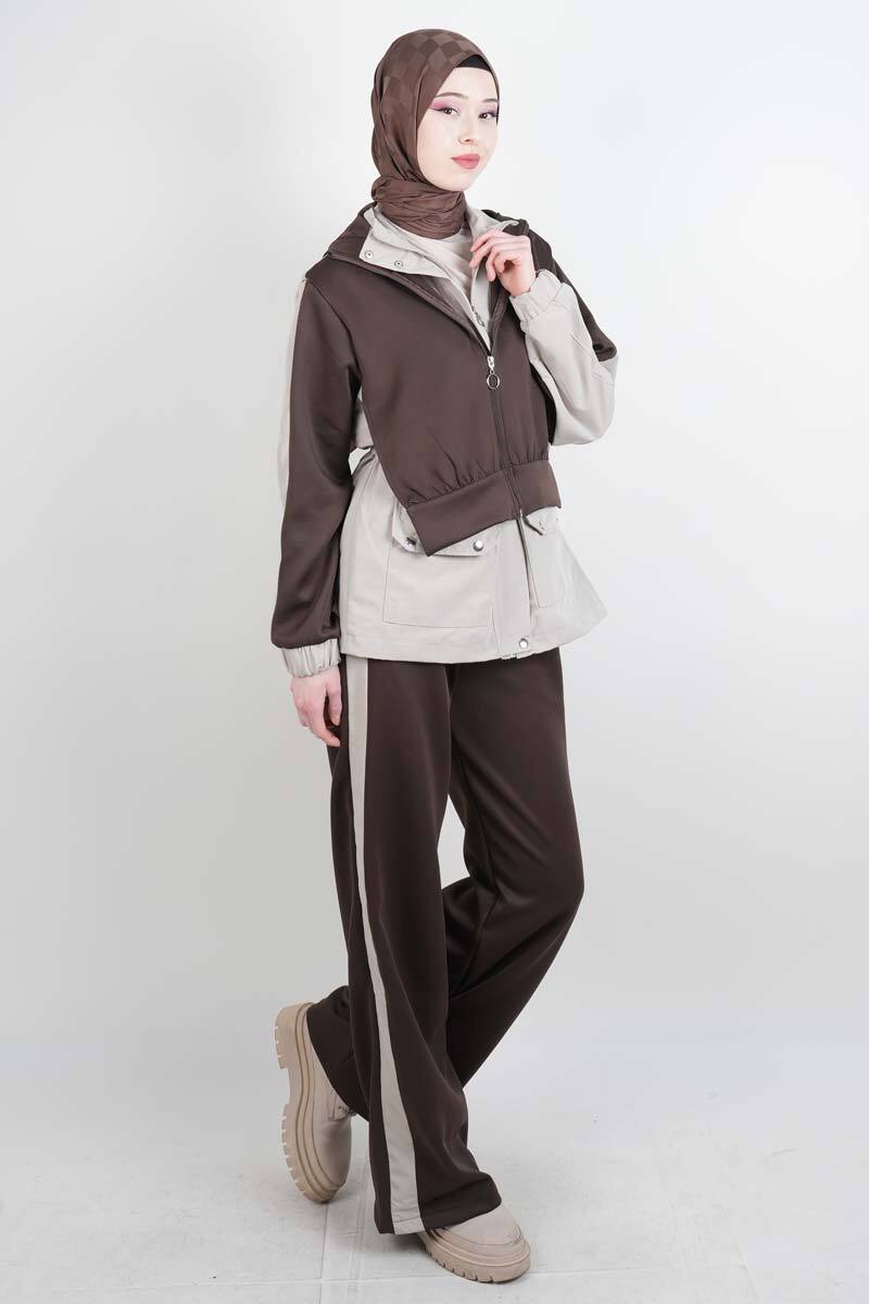 Tesettür Takım Çift Kapak Kapüşonlu Trenç İkili Takım Krem - 2