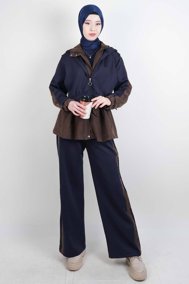 Tesettür Takım Çift Kapak Kapüşonlu Trenç İkili Takım Lacivert - 1