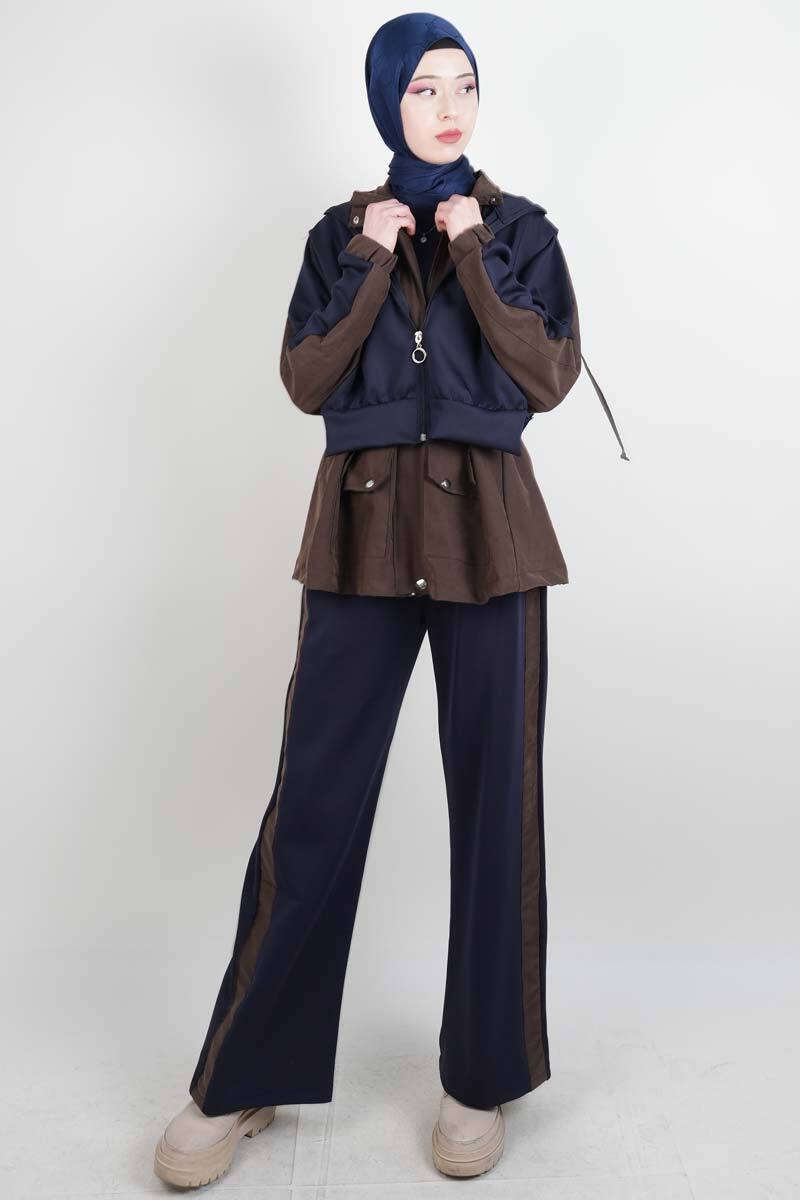 Tesettür Takım Çift Kapak Kapüşonlu Trenç İkili Takım Lacivert - 2