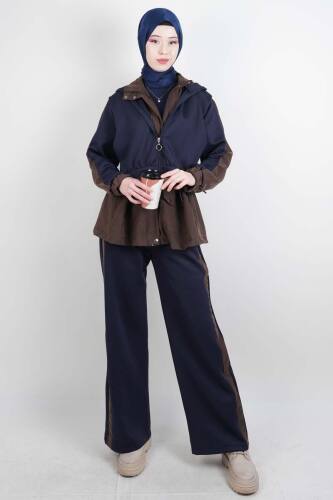 Tesettür Takım Çift Kapak Kapüşonlu Trenç İkili Takım Lacivert - 03Kız Kulesi Teks