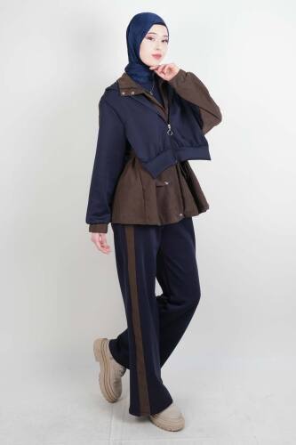 Tesettür Takım Çift Kapak Kapüşonlu Trenç İkili Takım Lacivert - 3