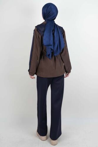 Tesettür Takım Çift Kapak Kapüşonlu Trenç İkili Takım Lacivert - 4