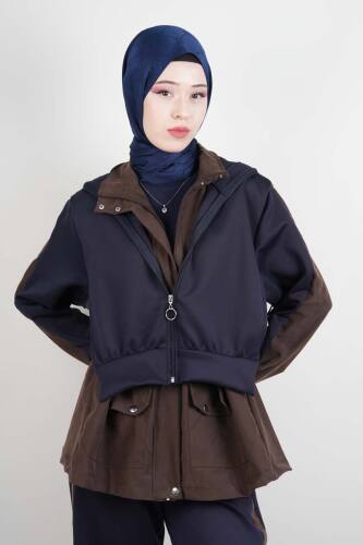 Tesettür Takım Çift Kapak Kapüşonlu Trenç İkili Takım Lacivert - 5