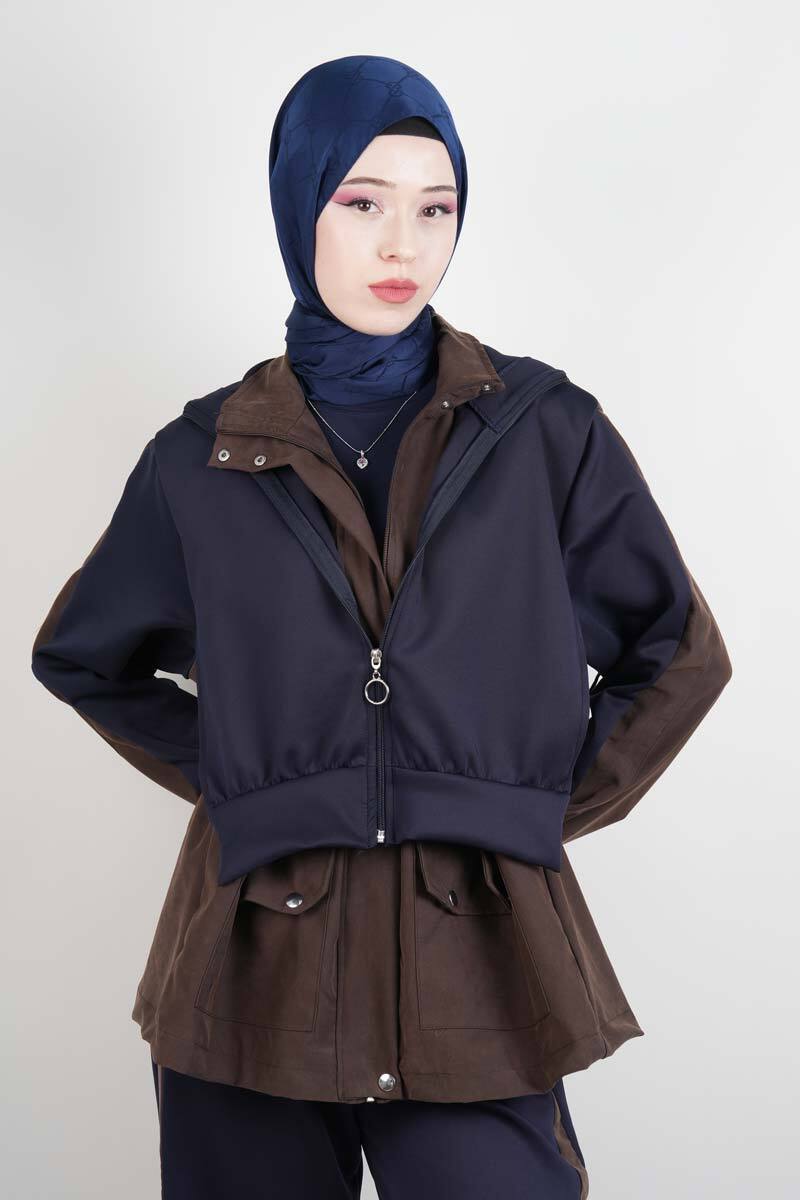 Tesettür Takım Çift Kapak Kapüşonlu Trenç İkili Takım Lacivert - 5