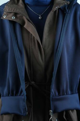 Tesettür Takım Çift Kapak Kapüşonlu Trenç İkili Takım Lacivert - 6