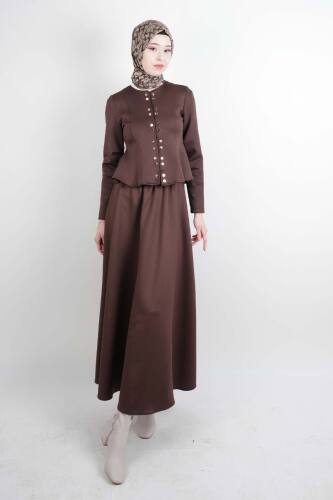 Tesettür Takım Çift Zımbalı Bel Oturtmalı Scuba Etekli Takım Kahverengi - 03Kız Kulesi Teks