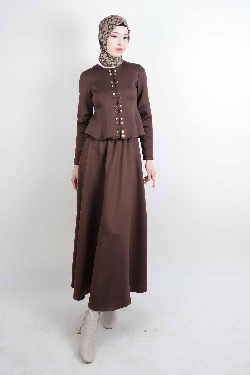 Tesettür Takım Çift Zımbalı Bel Oturtmalı Scuba Etekli Takım Kahverengi - 1
