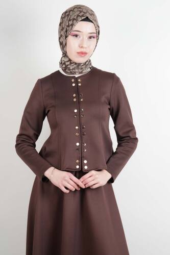 Tesettür Takım Çift Zımbalı Bel Oturtmalı Scuba Etekli Takım Kahverengi - 03Kız Kulesi Teks (1)