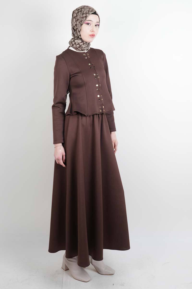 Tesettür Takım Çift Zımbalı Bel Oturtmalı Scuba Etekli Takım Kahverengi - 3