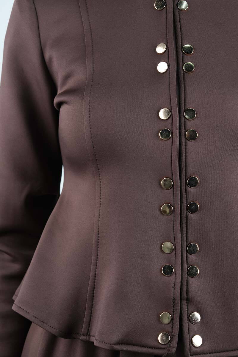 Tesettür Takım Çift Zımbalı Bel Oturtmalı Scuba Etekli Takım Kahverengi - 5