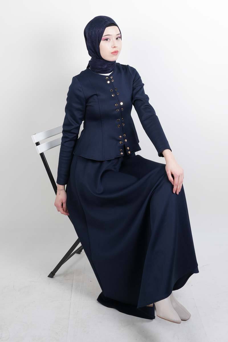 Tesettür Takım Çift Zımbalı Bel Oturtmalı Scuba Etekli Takım Lacivert - 1