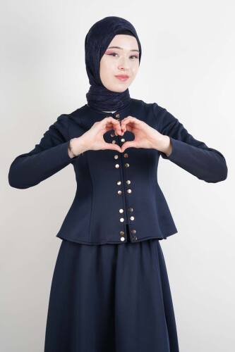 Tesettür Takım Çift Zımbalı Bel Oturtmalı Scuba Etekli Takım Lacivert - 3