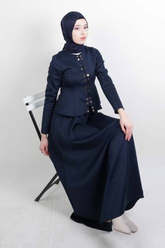 Tesettür Takım Çift Zımbalı Bel Oturtmalı Scuba Etekli Takım Lacivert - 03Kız Kulesi Teks