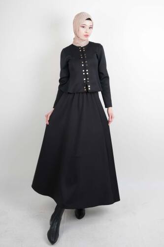 Tesettür Takım Çift Zımbalı Bel Oturtmalı Scuba Etekli Takım Siyah - 03Kız Kulesi Teks