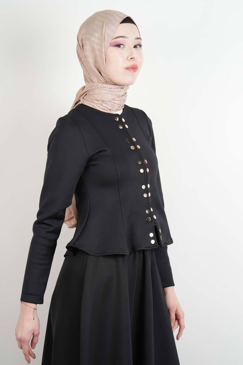 Tesettür Takım Çift Zımbalı Bel Oturtmalı Scuba Etekli Takım Siyah - 2