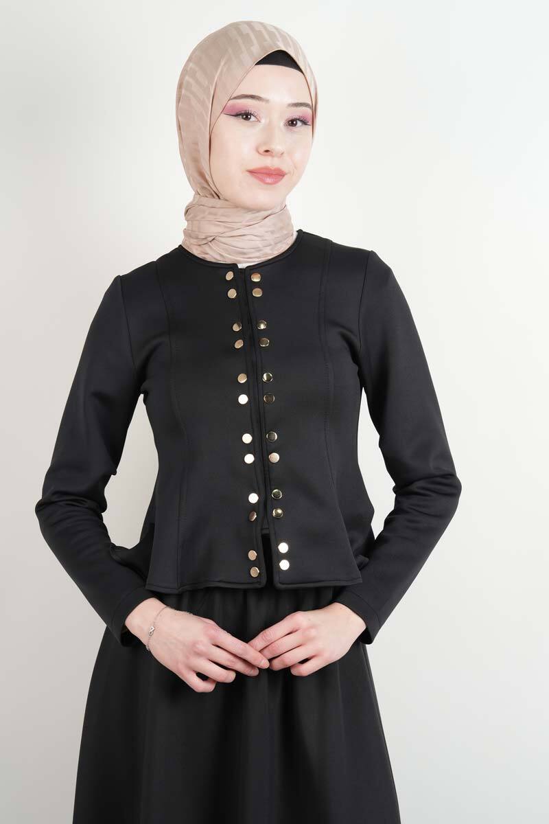 Tesettür Takım Çift Zımbalı Bel Oturtmalı Scuba Etekli Takım Siyah - 3
