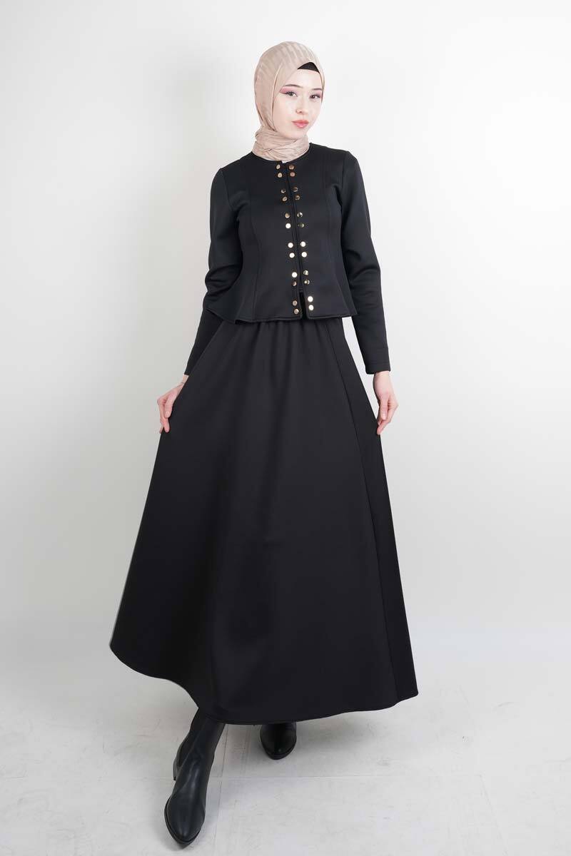 Tesettür Takım Çift Zımbalı Bel Oturtmalı Scuba Etekli Takım Siyah - 1