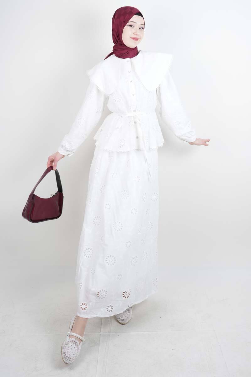 Tesettür Takım Geniş Bebe Yaka Bel Lastikli Fisto Etekli İkili Takım Beyaz - 1